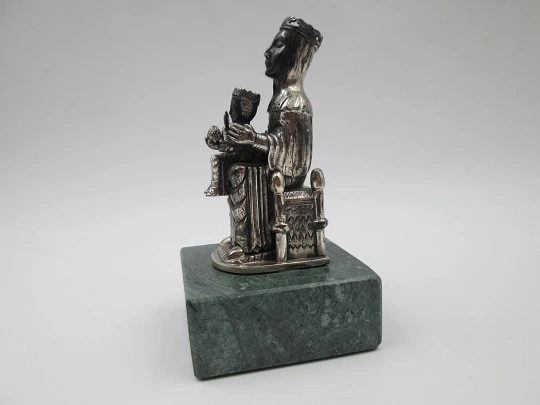 Virgin of Montserrat sculpture. 925 sterling silver. Green marble stand. Spain. 1980's