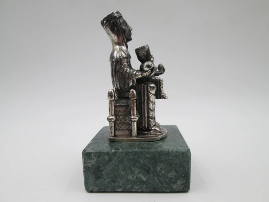 Virgin of Montserrat sculpture. 925 sterling silver. Green marble stand. Spain. 1980's