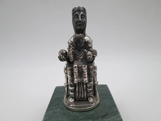 Virgin of Montserrat sculpture. 925 sterling silver. Green marble stand. Spain. 1980's