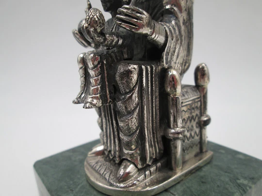 Virgin of Montserrat sculpture. 925 sterling silver. Green marble stand. Spain. 1980's