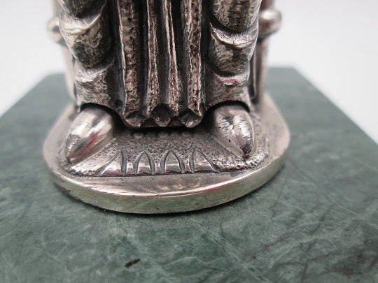 Virgin of Montserrat sculpture. 925 sterling silver. Green marble stand. Spain. 1980's