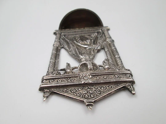 Virgin of the Way (León) holy water font. Sterling silver. Ring on back. Spain. 1950's