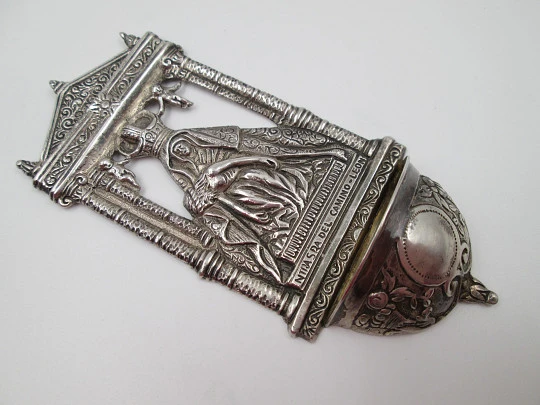 Virgin of the Way (León) holy water font. Sterling silver. Ring on back. Spain. 1950's