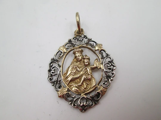 Virgin with child openwork medal. Sterling silver & vermeil. Vegetable edge. Ring. 1970's