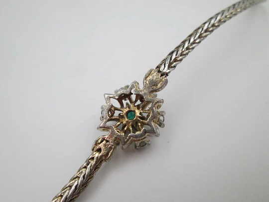 Wedding bracelet. Silver & vermeil. White sapphires and green gem rosette. Tab clasp