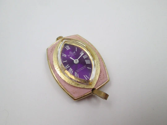 Wilson pendant watch. Gold plated and enamel. Purple dial. Manual wind. Swiss. 1970's