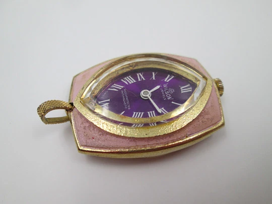 Wilson pendant watch. Gold plated and enamel. Purple dial. Manual wind. Swiss. 1970's