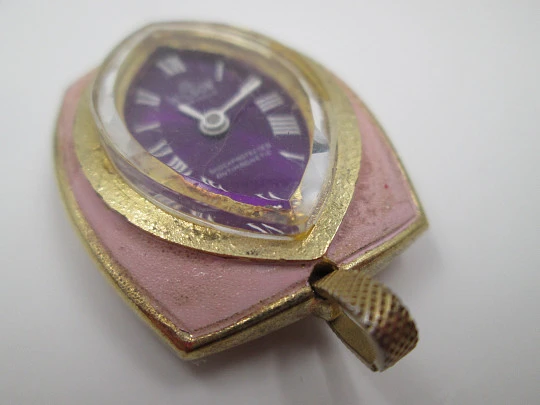 Wilson pendant watch. Gold plated and enamel. Purple dial. Manual wind. Swiss. 1970's