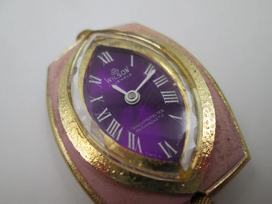 Wilson pendant watch. Gold plated and enamel. Purple dial. Manual wind. Swiss. 1970's