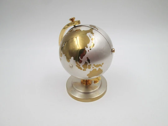 Windmill world globe alarm wind up clock. Bitone metal. Pedestal plinth. Japan. 1960's