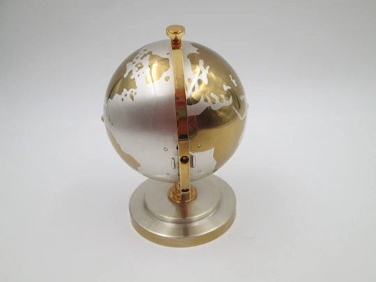 Windmill world globe alarm wind up clock. Bitone metal. Pedestal plinth. Japan. 1960's