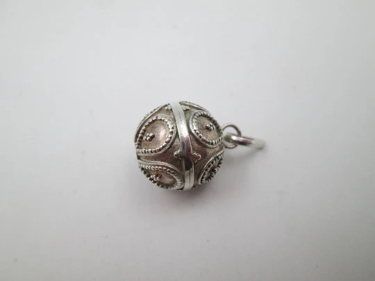 Women's bell sphere pendant. Sterling silver. Geometric motifs. Ring on top. Europe. 1980's