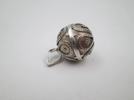 Women's bell sphere pendant. Sterling silver. Geometric motifs. Ring on top. Europe. 1980's