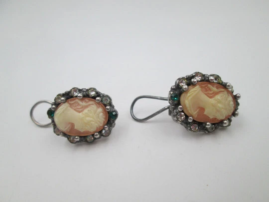 Women's cameo earrings. Sterling silver. White and green stones. French clasp. 1980's