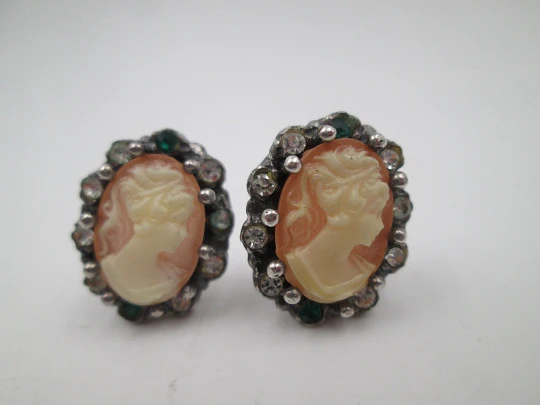 Women's cameo earrings. Sterling silver. White and green stones. French clasp. 1980's