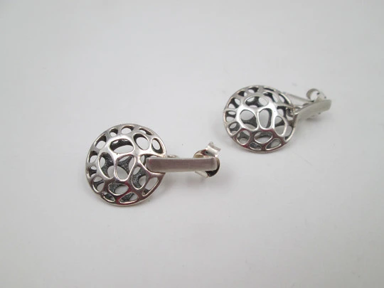 Women's earrings. Sterling silver. Openwork circles and bars. Friction back closure. 1990's