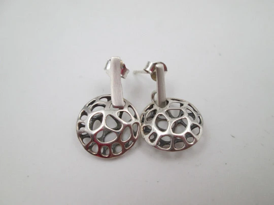 Women's earrings. Sterling silver. Openwork circles and bars. Friction back closure. 1990's