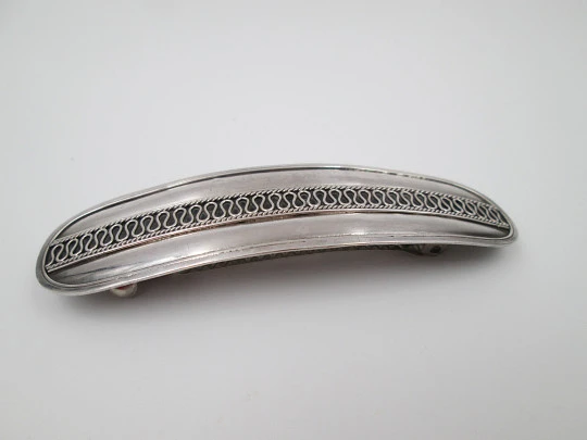 Women's hair pin brooch. Sterling silver. Ornate border. Barrette on back. 1980's