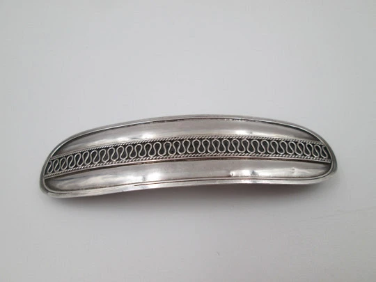 Women's hair pin brooch. Sterling silver. Ornate border. Barrette on back. 1980's