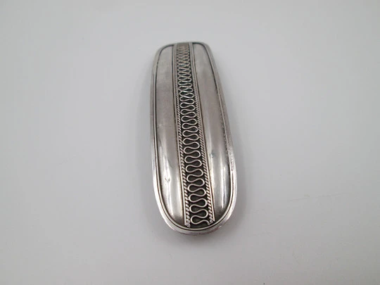 Women's hair pin brooch. Sterling silver. Ornate border. Barrette on back. 1980's