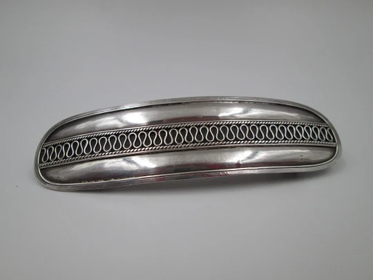 Women's hair pin brooch. Sterling silver. Ornate border. Barrette on back. 1980's