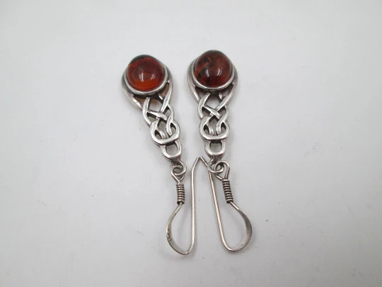 Women's long earrings. 925 sterling silver and amber gems. Hook clasp. 1980's. Europe