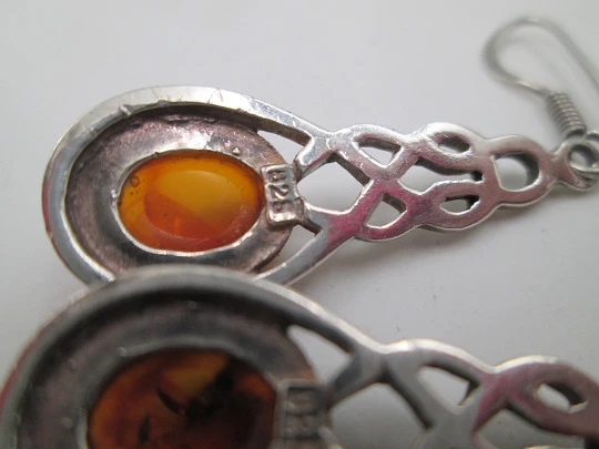 Women's long earrings. 925 sterling silver and amber gems. Hook clasp. 1980's. Europe