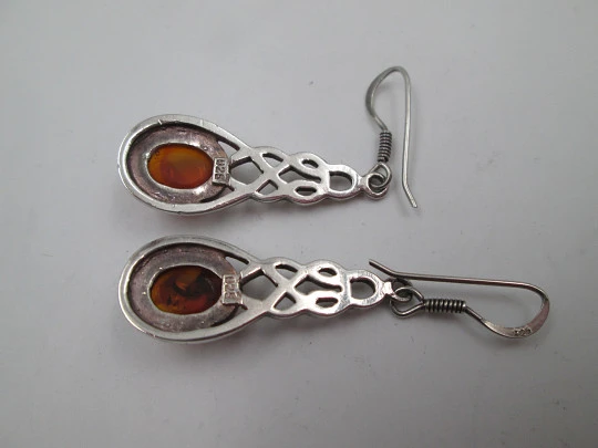 Women's long earrings. 925 sterling silver and amber gems. Hook clasp. 1980's. Europe