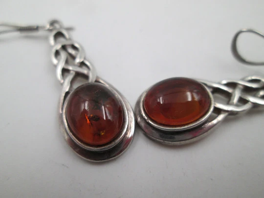 Women's long earrings. 925 sterling silver and amber gems. Hook clasp. 1980's. Europe