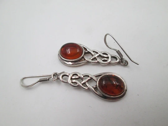 Women's long earrings. 925 sterling silver and amber gems. Hook clasp. 1980's. Europe