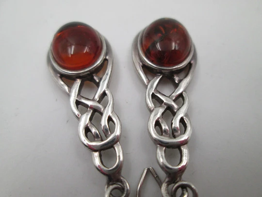 Women's long earrings. 925 sterling silver and amber gems. Hook clasp. 1980's. Europe