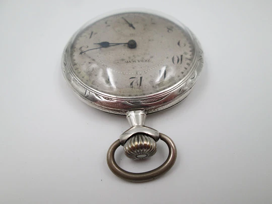 Zeda open-faced pocket watch. Stem-wind. 800 sterling silver. Floral motifs. Swiss. 1920's