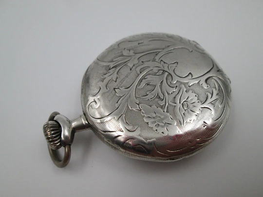 Zeda open-faced pocket watch. Stem-wind. 800 sterling silver. Floral motifs. Swiss. 1920's