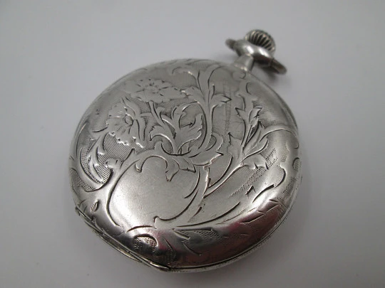 Zeda open-faced pocket watch. Stem-wind. 800 sterling silver. Floral motifs. Swiss. 1920's