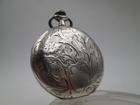 Zeda open-faced pocket watch. Stem-wind. 800 sterling silver. Floral motifs. Swiss. 1920's