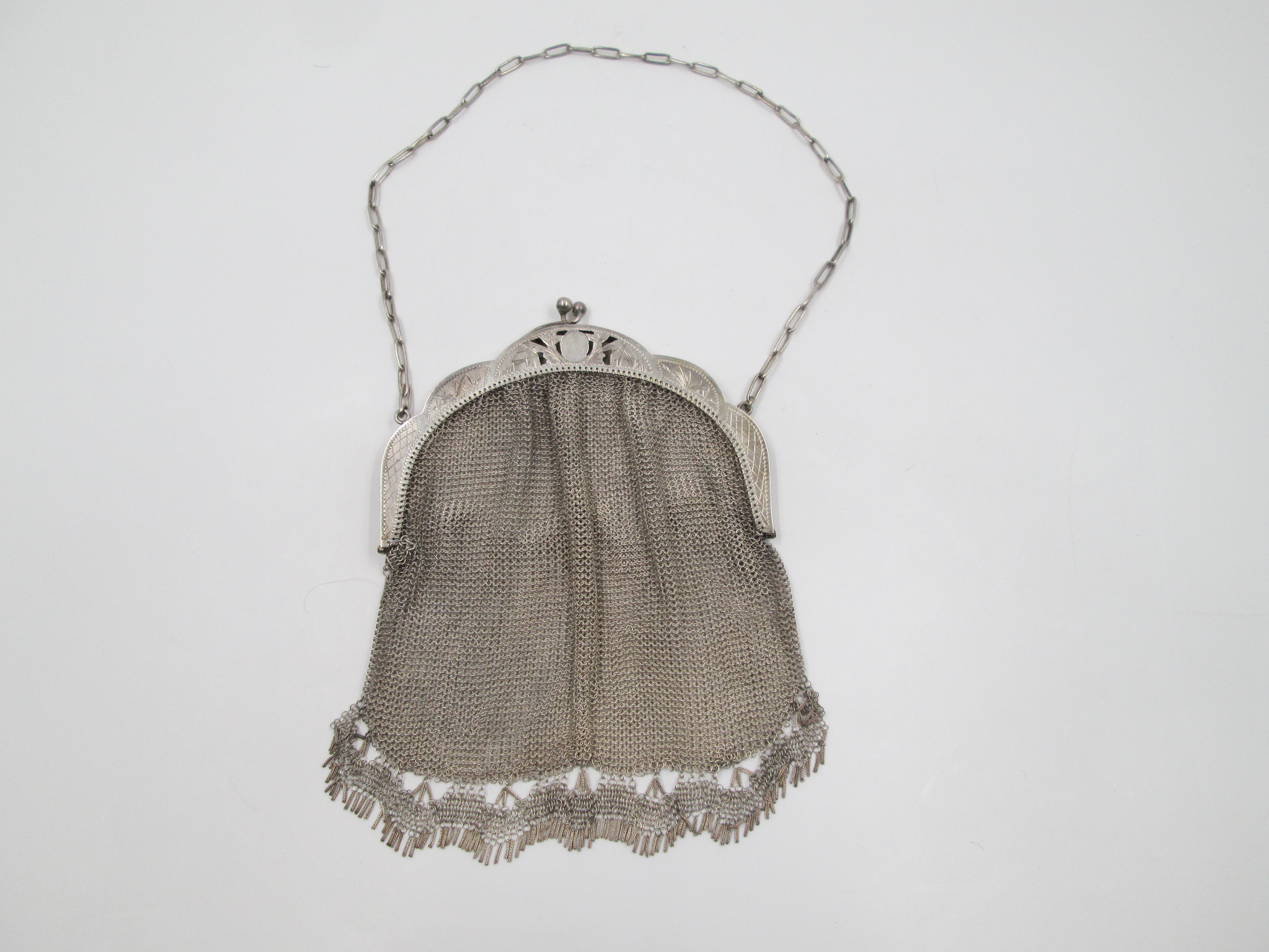 mesh finger bag silver fringes and balls chain 1920's