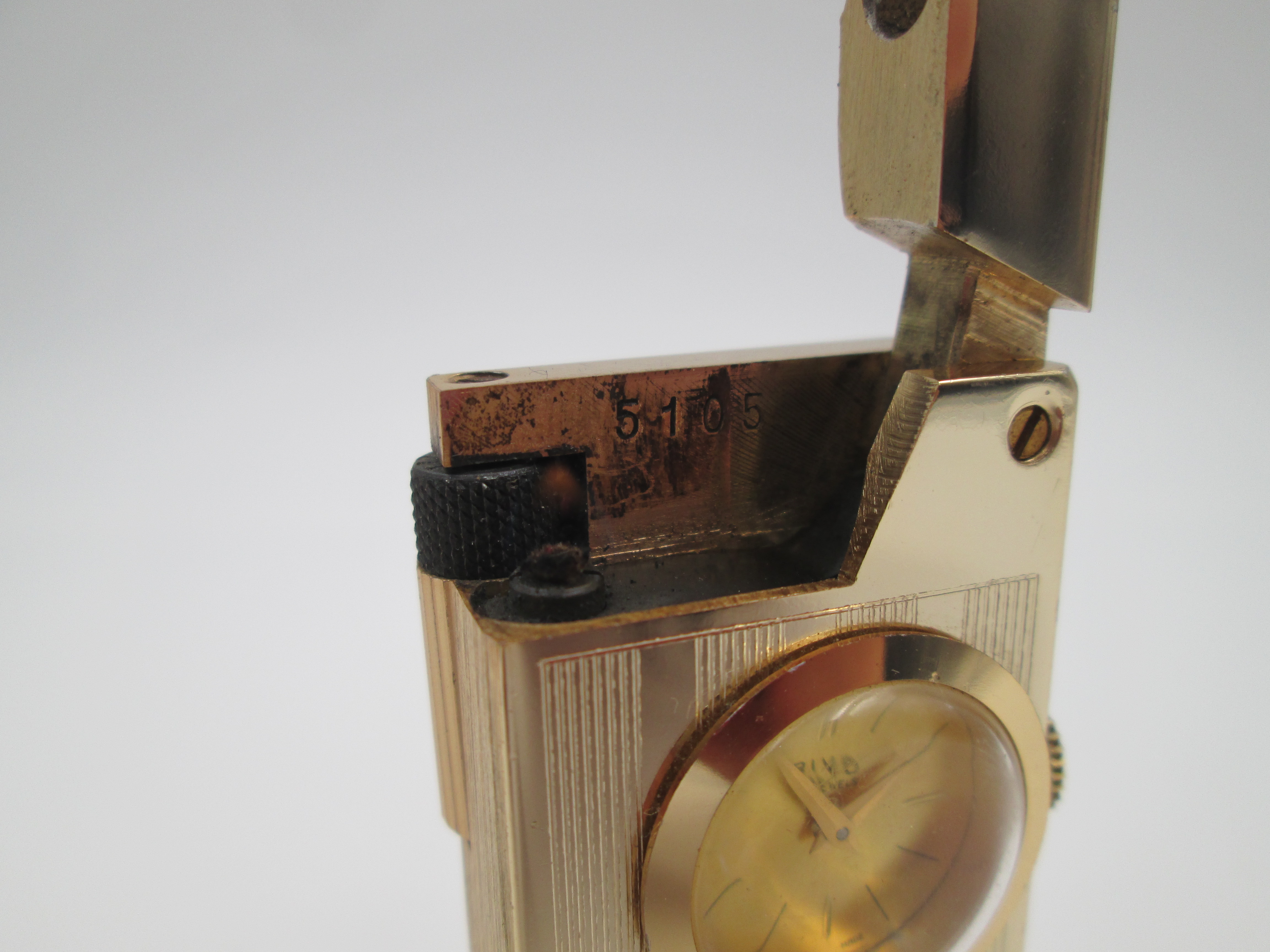 table petrol lighter mechanical clock gold plated 1960s