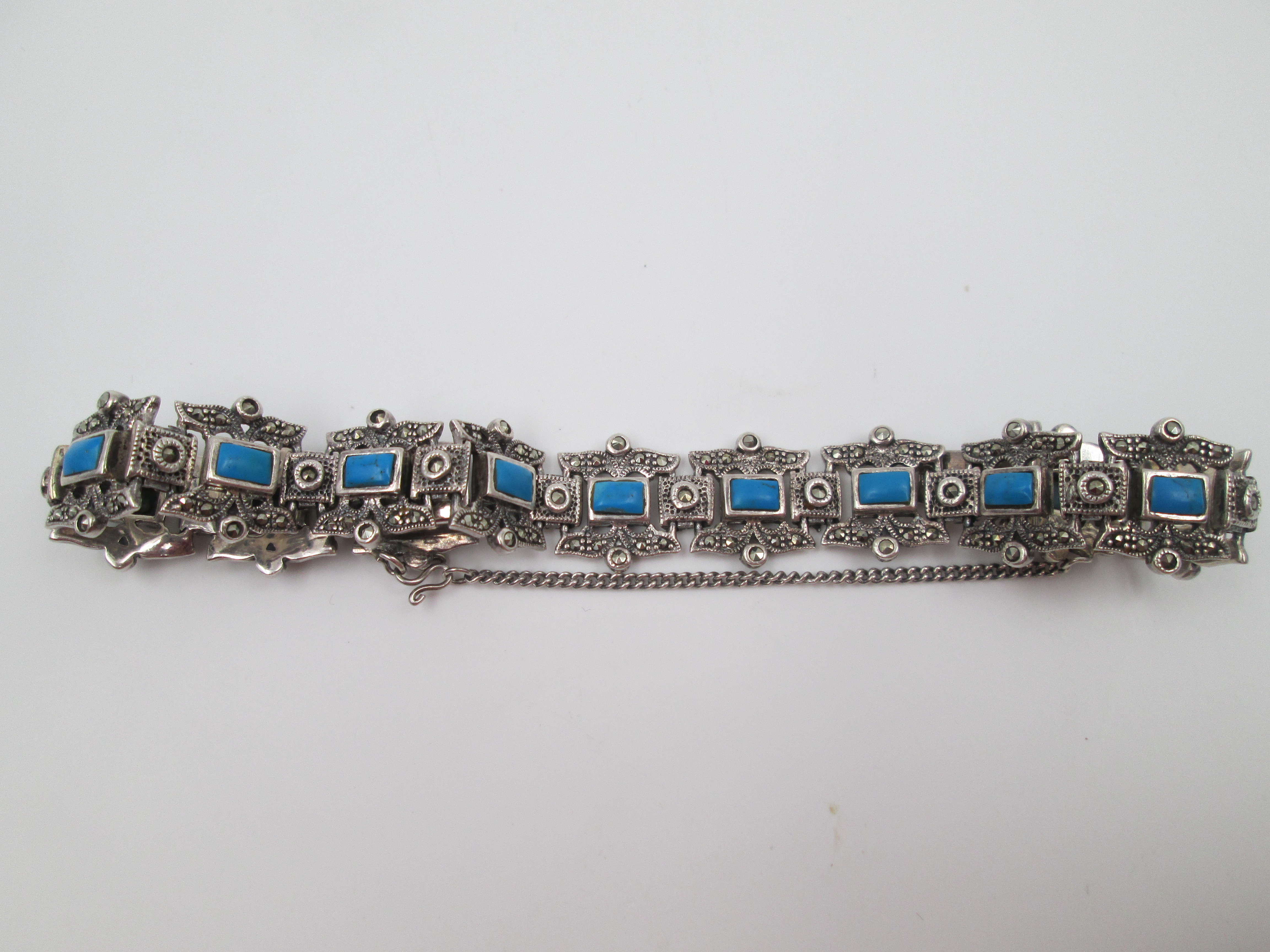 Sterling Silver Womens Bracelet Turquoise And Marcasite 1980 | El