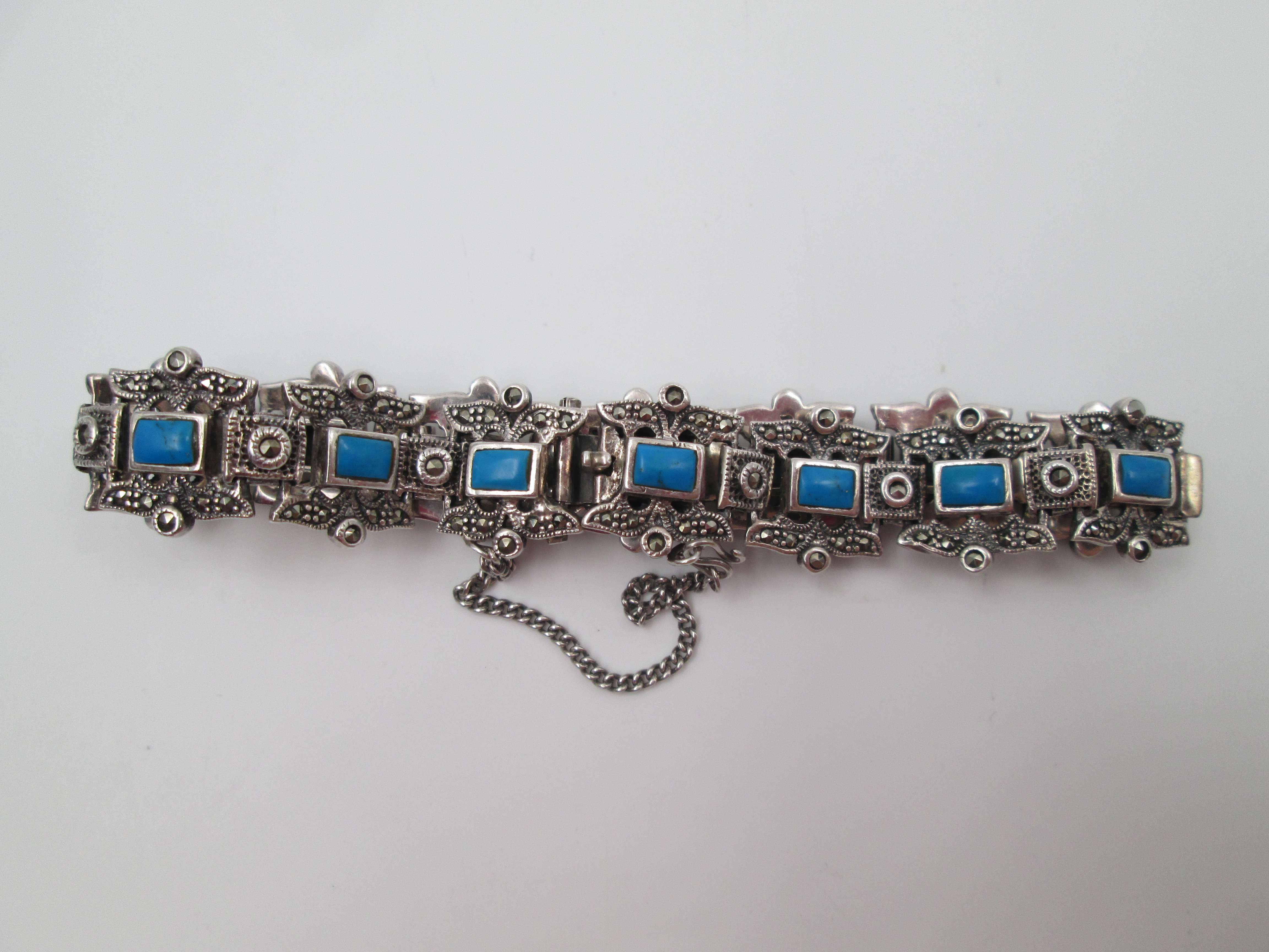 Sterling Silver Womens Bracelet Turquoise And Marcasite 1980 | El